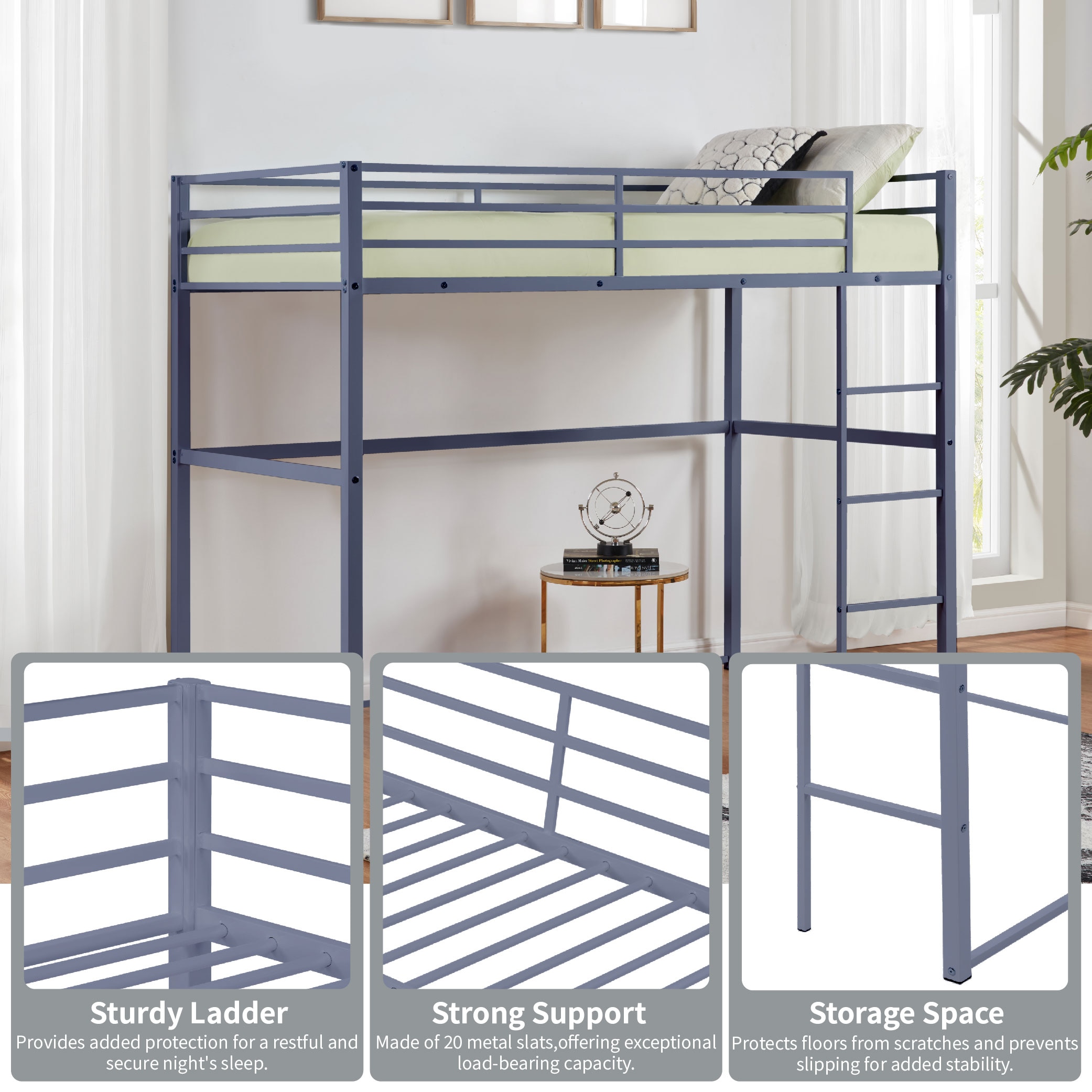 Metal Loft Bed Full Size, Loft Bed Frame with Safety Guard Rails & Flat Ladder, Twin Loft Bed for Kids Teens Adults, Gray